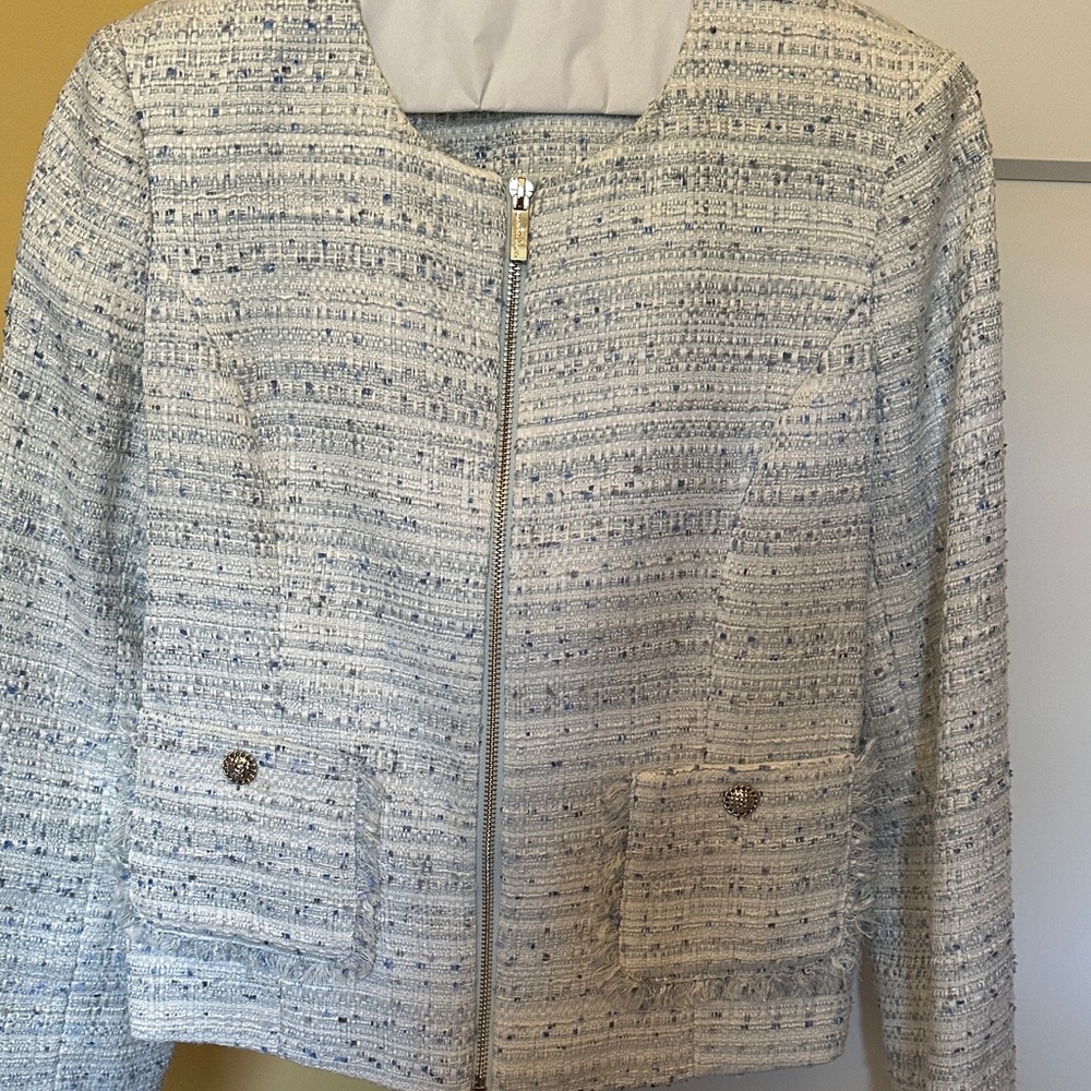 Karl Lagerfeld Light Blue and Cream Tweed Zip Jacket